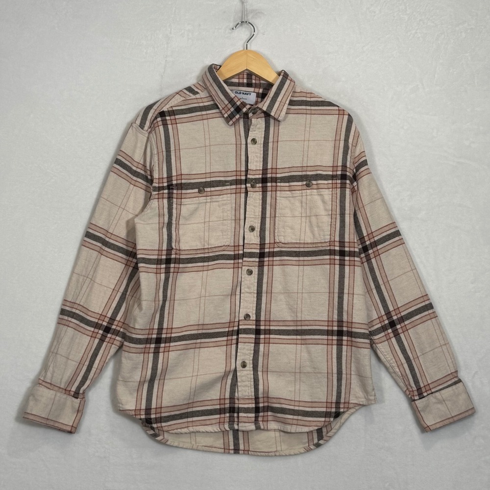 Old Navy Cream Plaid Double-Brushed Flannel Shirt Large